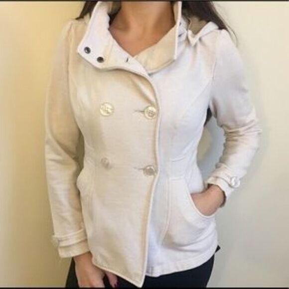 Women's GUESS Jacket Small Tan Beige Hooded Coat Fall Preppy Minimal 2013 Unique - Picture 3 of 7